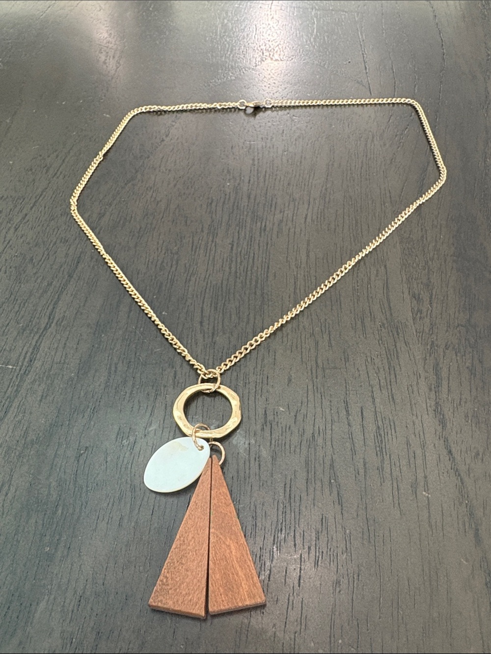 Gold Chain Necklace with Brown Wood Triangle and White Charm